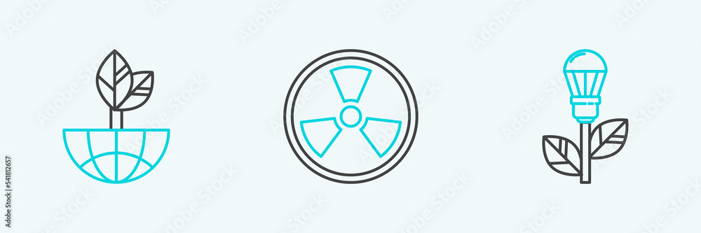 Set line Light bulb with leaf, Earth globe and and Radioactive icon. Vector Set line Light bulb with leaf, Earth globe and and Radioactive icon. Vector