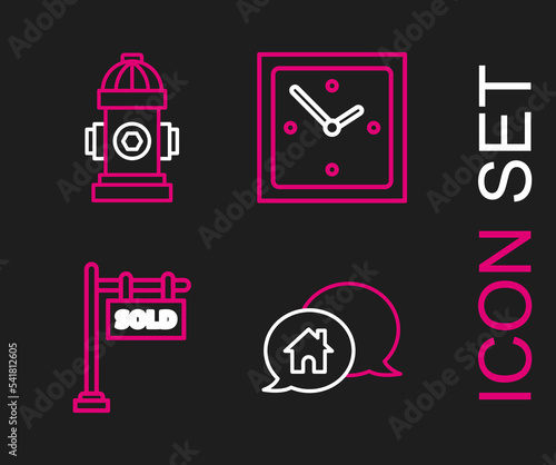 Set line House building in speech bubble, Hanging sign with text Sold, Clock and Fire hydrant icon. Vector