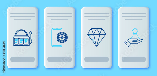 Set line Online poker table game, Diamond, Slot machine with lucky sevens jackpot and Hand holding money bag icon. Vector