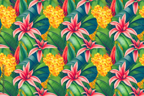 Exotic jungle full of large flowers and fruits. Seamless floral background. Repeat pattern for fabrics, wallpapers, wrappers, greeting cards, wedding invitations, banners, web. Digital art © Katynn