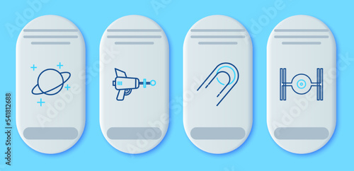 Set line Ray gun, Satellite, Planet and Cosmic ship icon. Vector