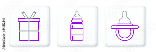 Set line Baby dummy pacifier, Gift box and bottle icon. Vector