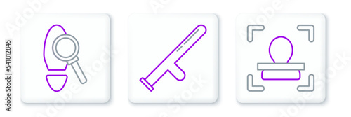 Set line Face recognition, Magnifying glass with footsteps and Police rubber baton icon. Vector