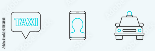 Set line Taxi car, Map pointer with taxi and call telephone service icon. Vector