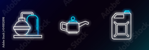 Set line Canister for gasoline, Oil and industrial factory building and motor machine oil icon. Glowing neon. Vector