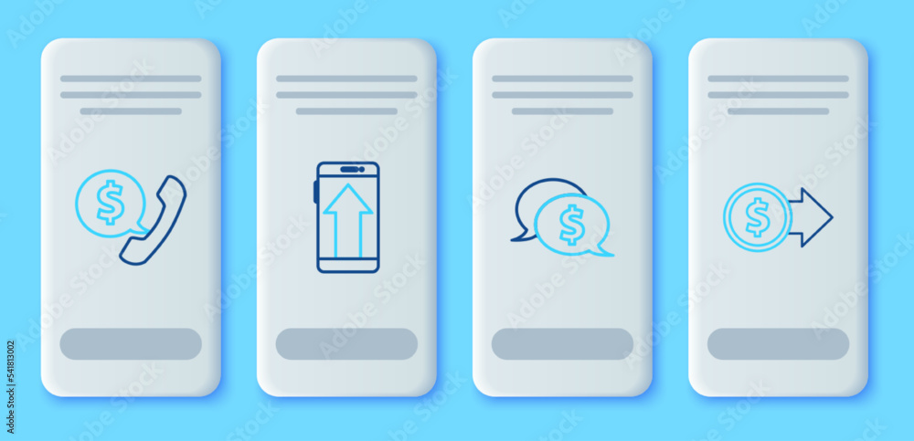 Set line Smartphone, mobile phone, Speech bubble with dollar, Telephone handset and speech chat and Coin money symbol icon. Vector Set line Smartphone, mobile phone, Speech bubble with dollar, Telephone handset and speech chat and Coin money symbol icon. Vector