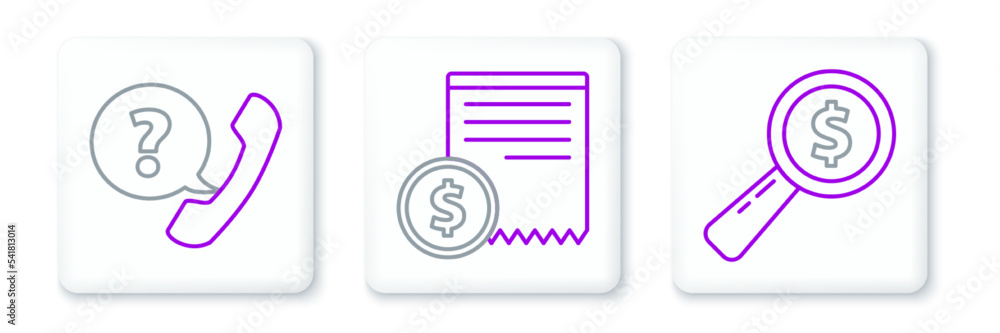Set line Magnifying glass and dollar, Telephone handset speech bubble chat and Paper check financial check icon. Vector Set line Magnifying glass and dollar, Telephone handset speech bubble chat and Paper check financial check icon. Vector