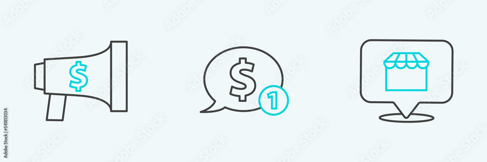 Set line Online shopping concept, Megaphone and dollar and Speech bubble with icon. Vector Set line Online shopping concept, Megaphone and dollar and Speech bubble with icon. Vector