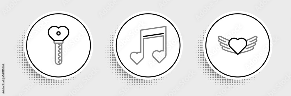 Set line Heart with wings, Key heart shape and Music note, tone hearts icon. Vector Set line Heart with wings, Key heart shape and Music note, tone hearts icon. Vector