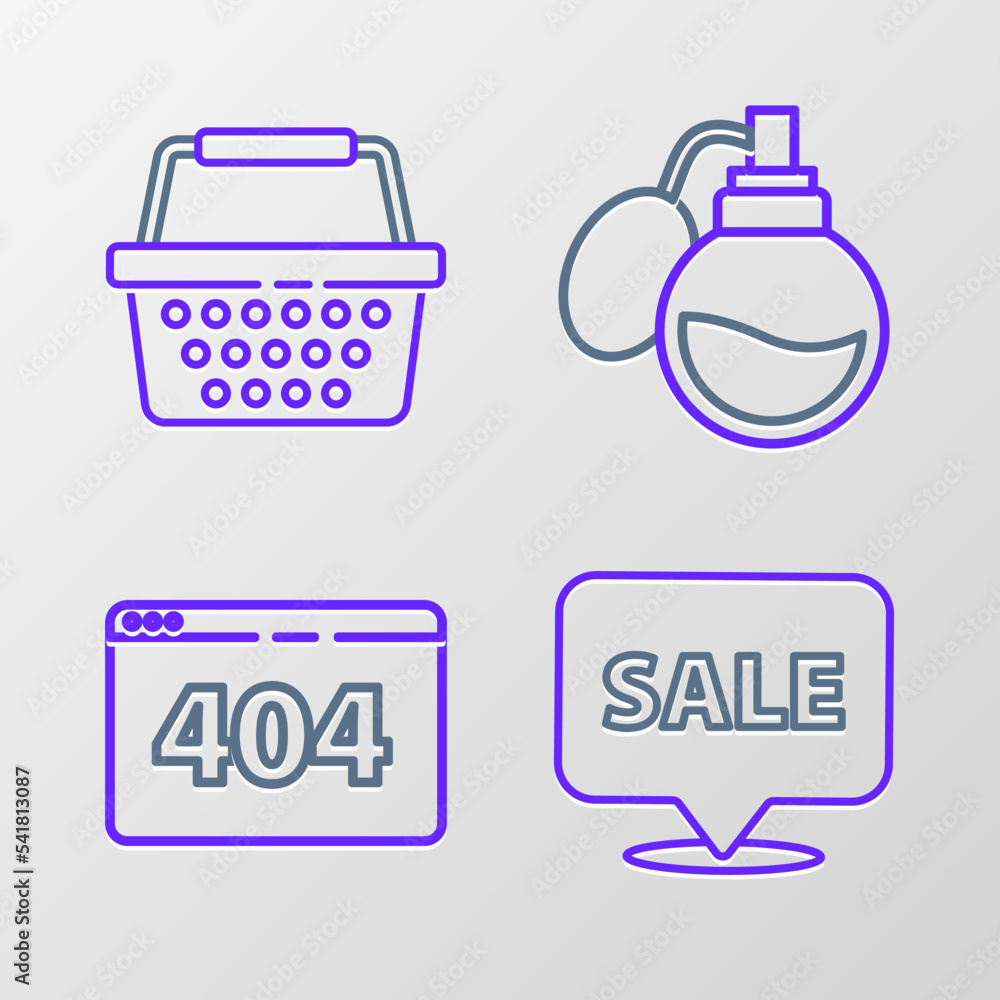 Set line Hanging sign with Sale, Page 404 error, Perfume and Shopping basket icon. Vector Set line Hanging sign with Sale, Page 404 error, Perfume and Shopping basket icon. Vector