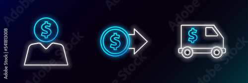 Set line Armored truck, Business man planning mind and Coin money with dollar symbol icon. Glowing neon. Vector
