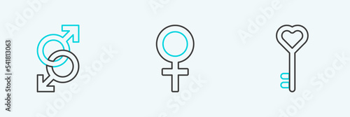 Set line Key in heart shape, Male gender symbol and Female icon. Vector