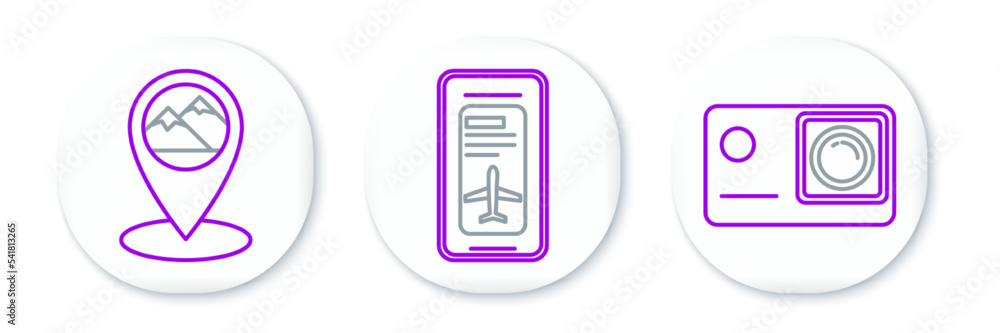 Set line Action extreme camera, Map pointer with mountain and Smartphone electronic boarding pass airline ticket icon. Vector Set line Action extreme camera, Map pointer with mountain and Smartphone electronic boarding pass airline ticket icon. Vector