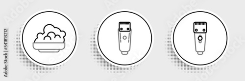 Set line Electrical hair clipper or shaver, Shaving gel foam and icon. Vector