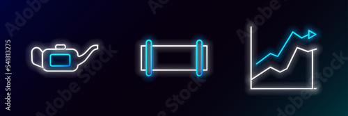 Set line Oil price increase, Canister for motor oil and Industry pipe icon. Glowing neon. Vector