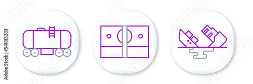 Set line Wrecked oil tanker ship, Oil railway cistern and Stacks paper money cash icon. Vector