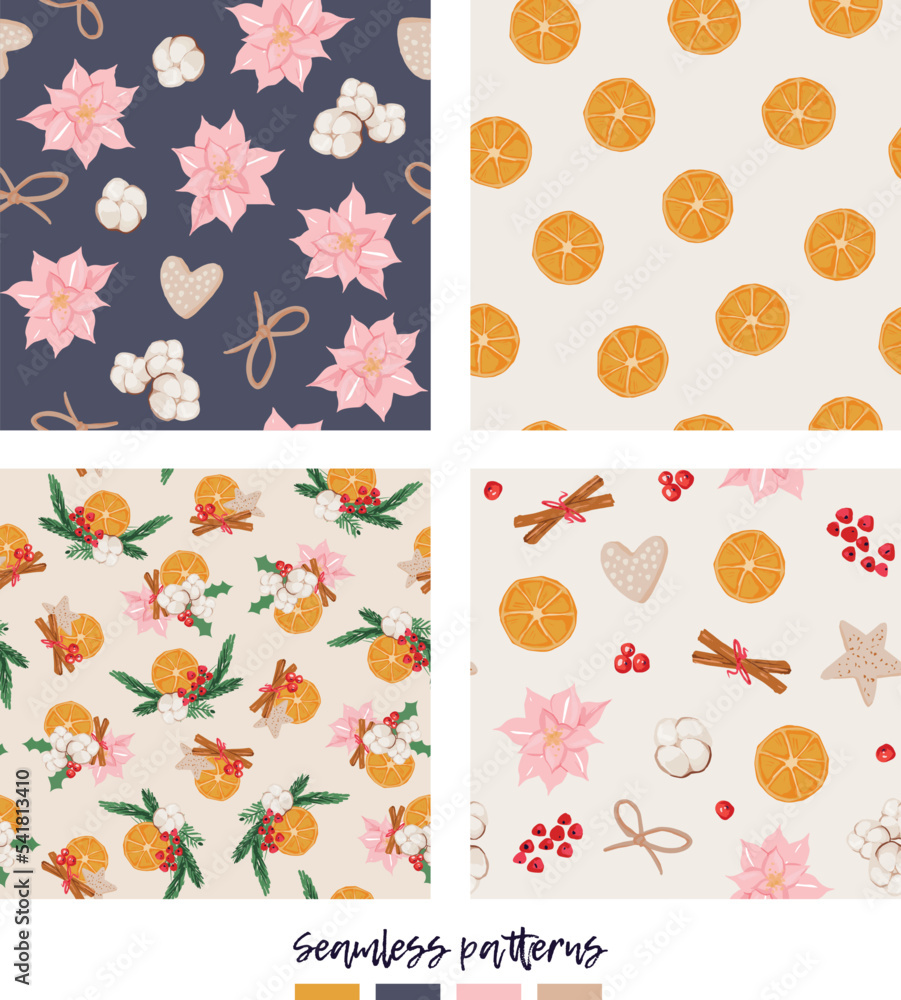 Christmas seamless collection. orange, cotton, cinnamon, berries, Poinsettia Flowers vector elements Christmas seamless collection. orange, cotton, cinnamon, berries, Poinsettia Flowers vector elements