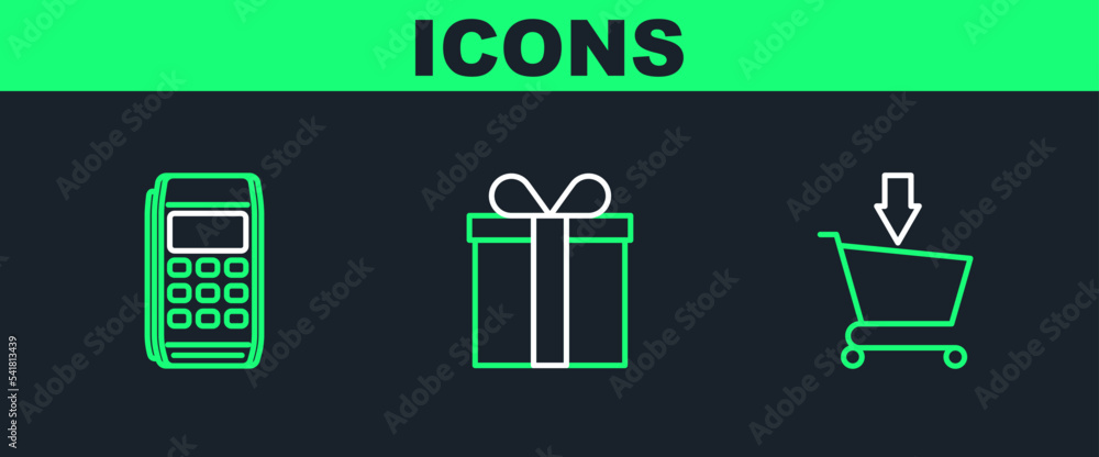 Set line Add to Shopping cart, Pos terminal and Gift box icon. Vector Set line Add to Shopping cart, Pos terminal and Gift box icon. Vector