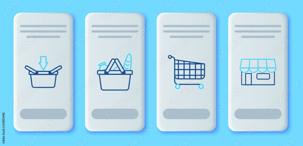 Set line Shopping basket and food, cart, and building or market store icon. Vector