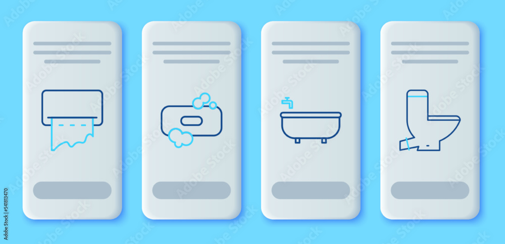 Set line Bar of soap, Bathtub, Paper towel dispenser on wall and Toilet bowl icon. Vector