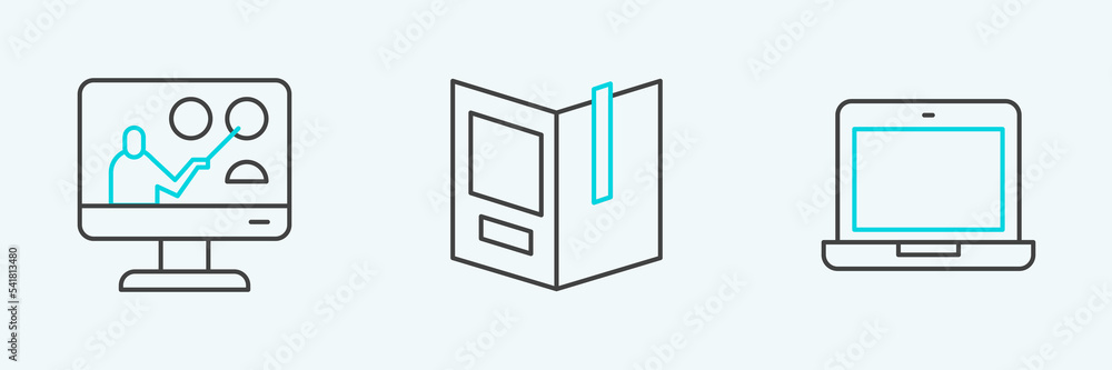Set line Laptop, Online education and Open book icon. Vector Set line Laptop, Online education and Open book icon. Vector