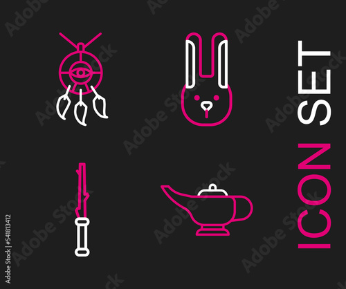 Set line Magic lamp or Aladdin, wand, Rabbit with ears and Dream catcher feathers icon. Vector