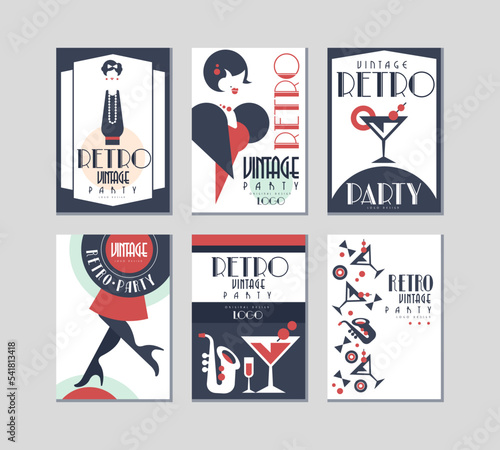 Retro Party Invitation Cards with Cocktail in Glass and Jazz Musical Instruments Vector Set