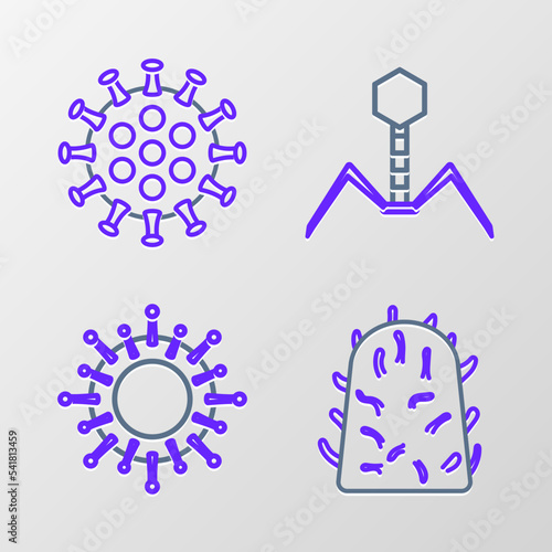 Set line Rabies virus, Virus, Bacteria bacteriophage and icon. Vector