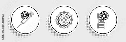 Set line DNA symbol and virus, Syringe and Virus icon. Vector