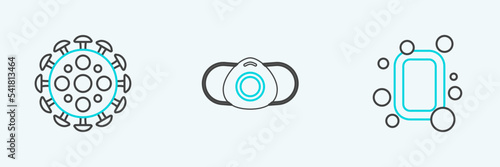 Set line Bar of soap, Virus and Medical protective mask icon. Vector