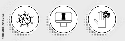 Set line Hand with virus, Virus and DNA spiral computer icon. Vector