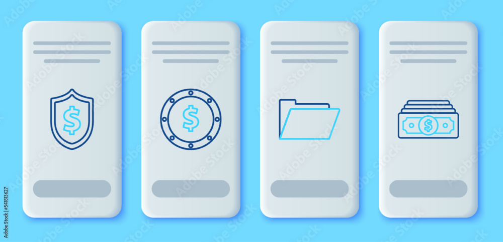 Set line Coin money with dollar symbol, Document folder, Shield and Stacks paper cash icon. Vector