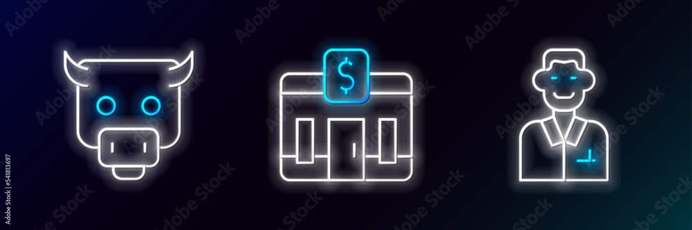 Set line Trader, Bull market and Bank building icon. Glowing neon. Vector Set line Trader, Bull market and Bank building icon. Glowing neon. Vector