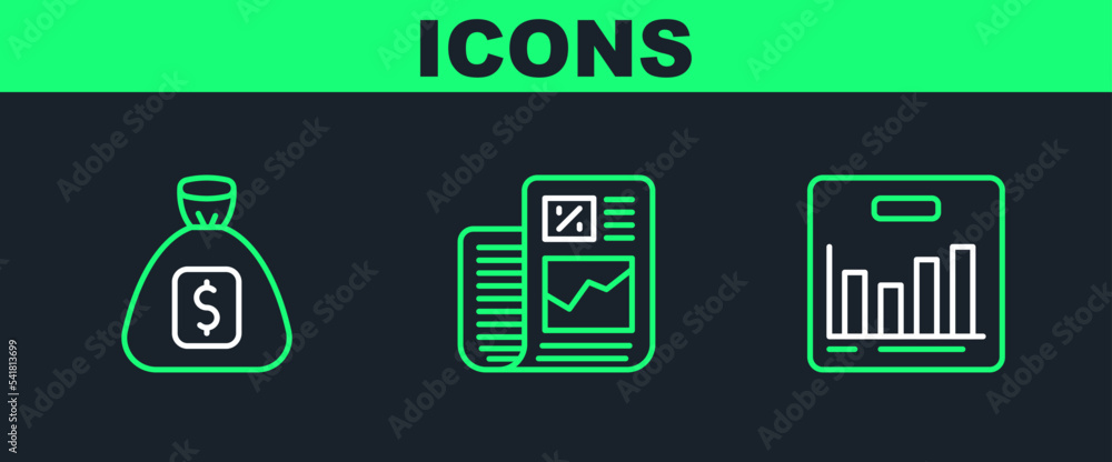 Set line Pie chart infographic, Money bag and Business finance report icon. Vector Set line Pie chart infographic, Money bag and Business finance report icon. Vector