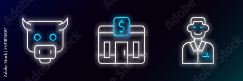 Set line Trader, Bull market and Bank building icon. Glowing neon. Vector
