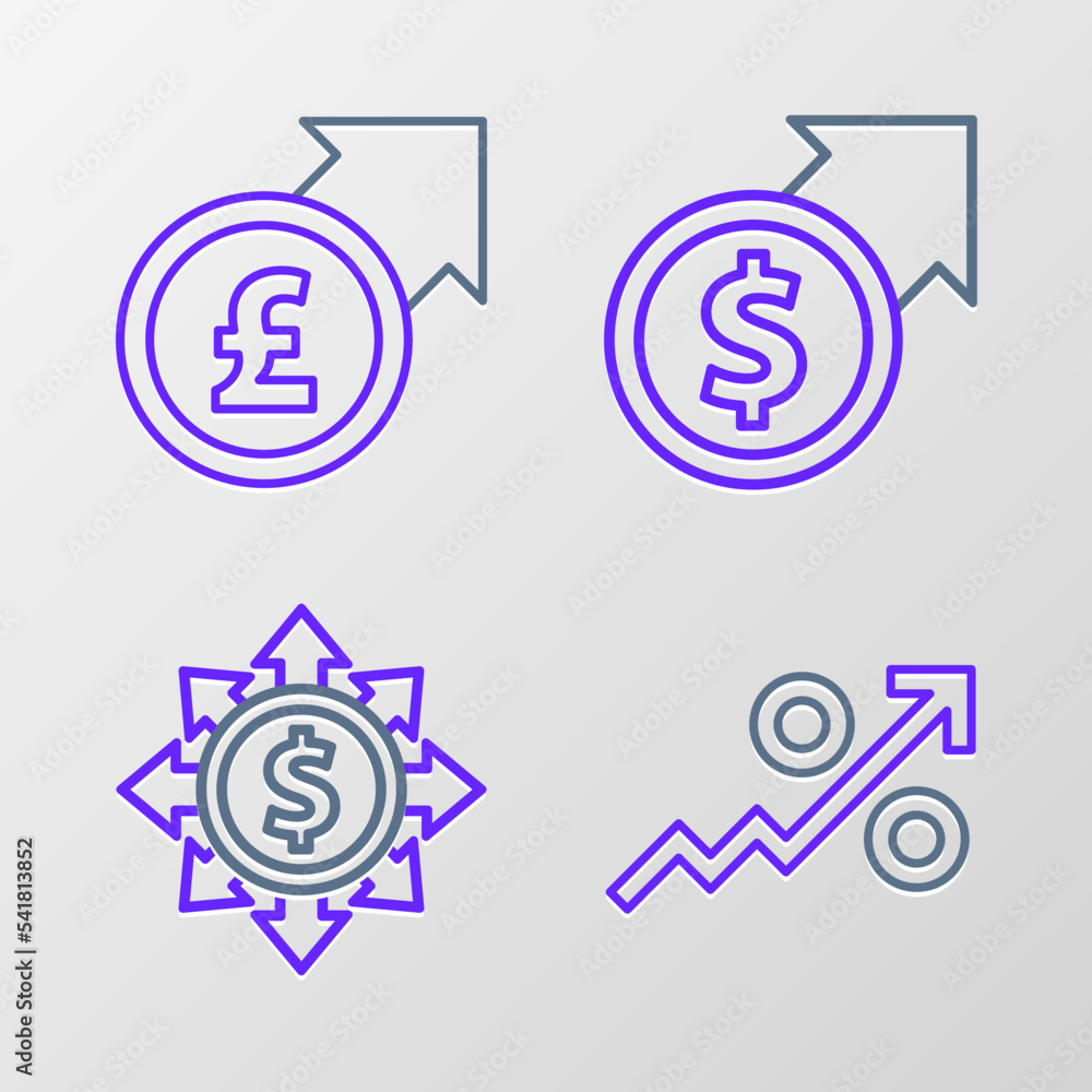 Set line Percent up arrow, Dollar, share, network, Financial growth and dollar and pound icon. Vector Set line Percent up arrow, Dollar, share, network, Financial growth and dollar and pound icon. Vector