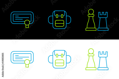 Set line Chess, Certificate template and School backpack icon. Vector