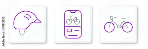 Set line Bicycle, helmet and rental mobile app icon. Vector