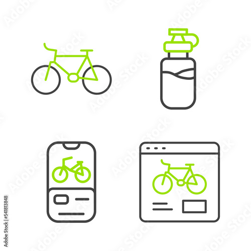 Set line Bicycle rental mobile app, Sport bottle with water and icon. Vector