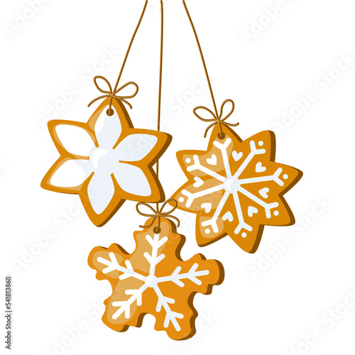 Festive Christmas gingerbread cookie in star shape with icing, hanging on cord, vector