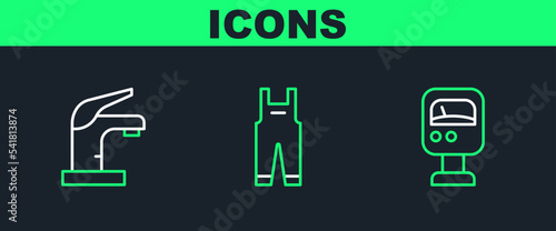 Set line Pressure water meter, Water tap and Work overalls icon. Vector