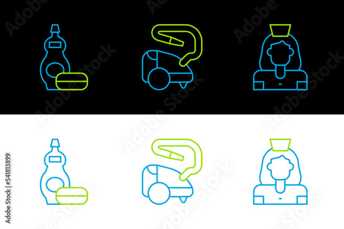 Set line Cleaning lady service, Dishwashing liquid bottle and Vacuum cleaner icon. Vector