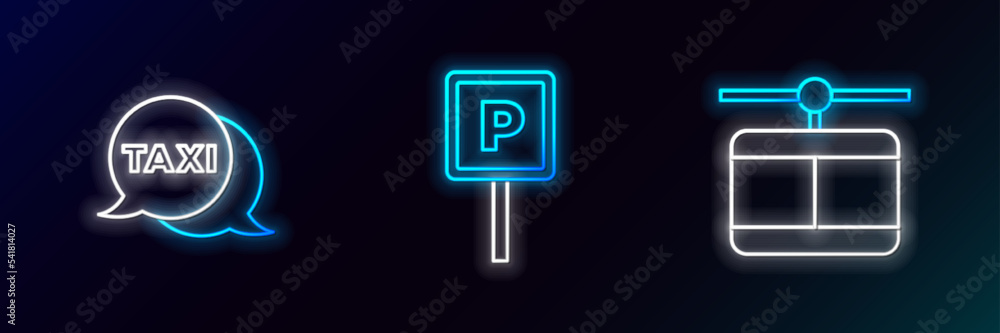 Set line Cable car, Taxi call telephone service and Parking icon. Glowing neon. Vector Set line Cable car, Taxi call telephone service and Parking icon. Glowing neon. Vector