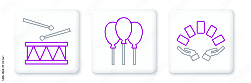 Set line Hand holding playing cards, Drum with drum sticks and Balloons ribbon icon. Vector Set line Hand holding playing cards, Drum with drum sticks and Balloons ribbon icon. Vector