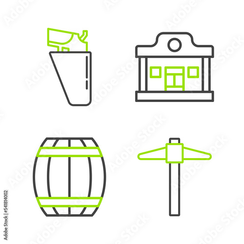 Set line Pickaxe, Gun powder barrel, Wild west saloon and Revolver gun in holster icon. Vector