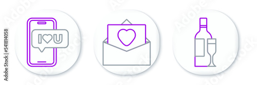 Set line Champagne bottle, Mobile with heart and Envelope Valentine icon. Vector
