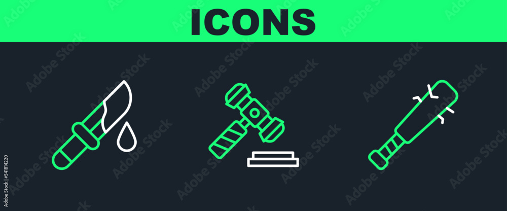 Set line Baseball bat with nails, Bloody knife and Judge gavel icon. Vector Set line Baseball bat with nails, Bloody knife and Judge gavel icon. Vector