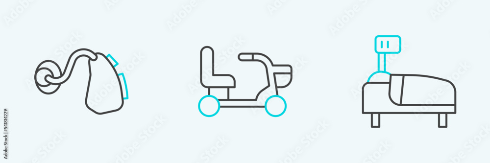 Set line Hospital bed, Hearing aid and Electric wheelchair icon. Vector Set line Hospital bed, Hearing aid and Electric wheelchair icon. Vector