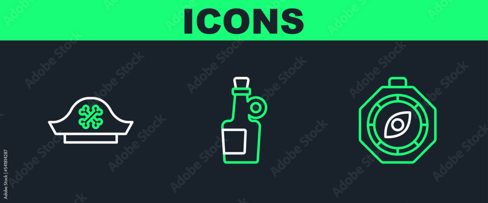 Set line Compass, Pirate hat and Alcohol drink Rum icon. Vector Set line Compass, Pirate hat and Alcohol drink Rum icon. Vector