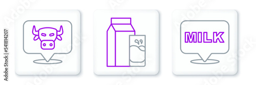 Set line Lettering milk, Cow head and Paper package for kefir icon. Vector